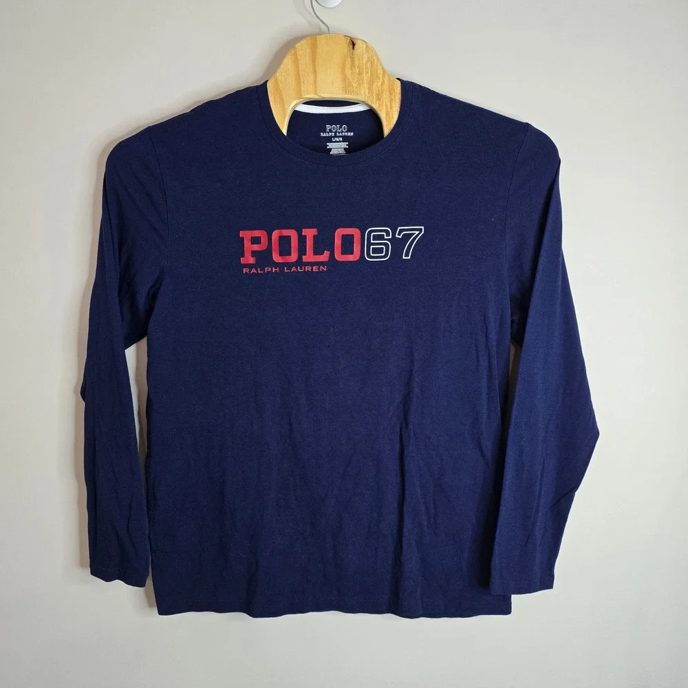 Polo Ralph Lauren Mens Long‎ Sleeve T Shirt Navy Blue Graphic Logo Size L G